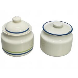 VINTAGE 2 PC Cream/Sugar Bowls Ceramic Beige with Blue Stripes 3" x 4"